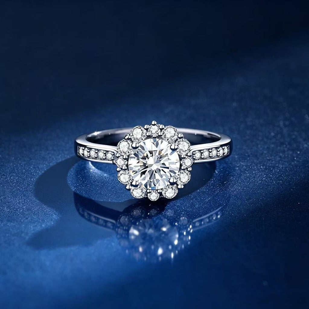 1ct Round Brilliant Floral Halo Ring, Pavé Band