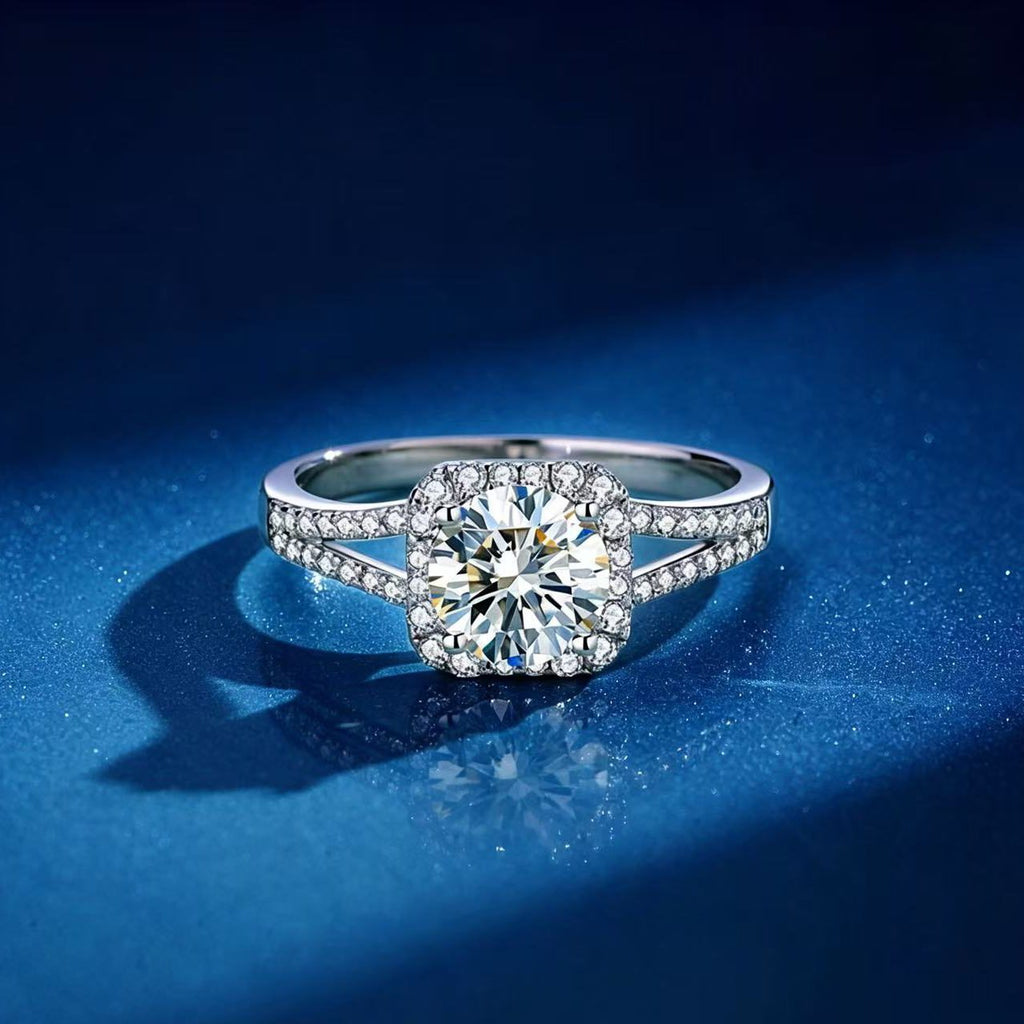 1ct Round Brilliant Cushion Halo Ring, Pavé Split Shank