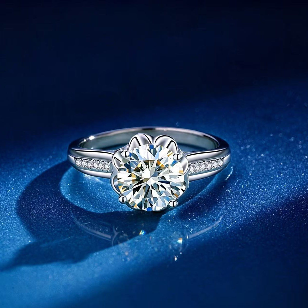 2ct Round Brilliant Floral Halo Ring, Pavé Shoulders