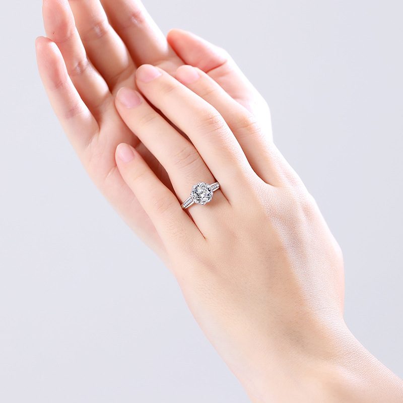 2ct Round Brilliant Floral Halo Ring, Pavé Shoulders