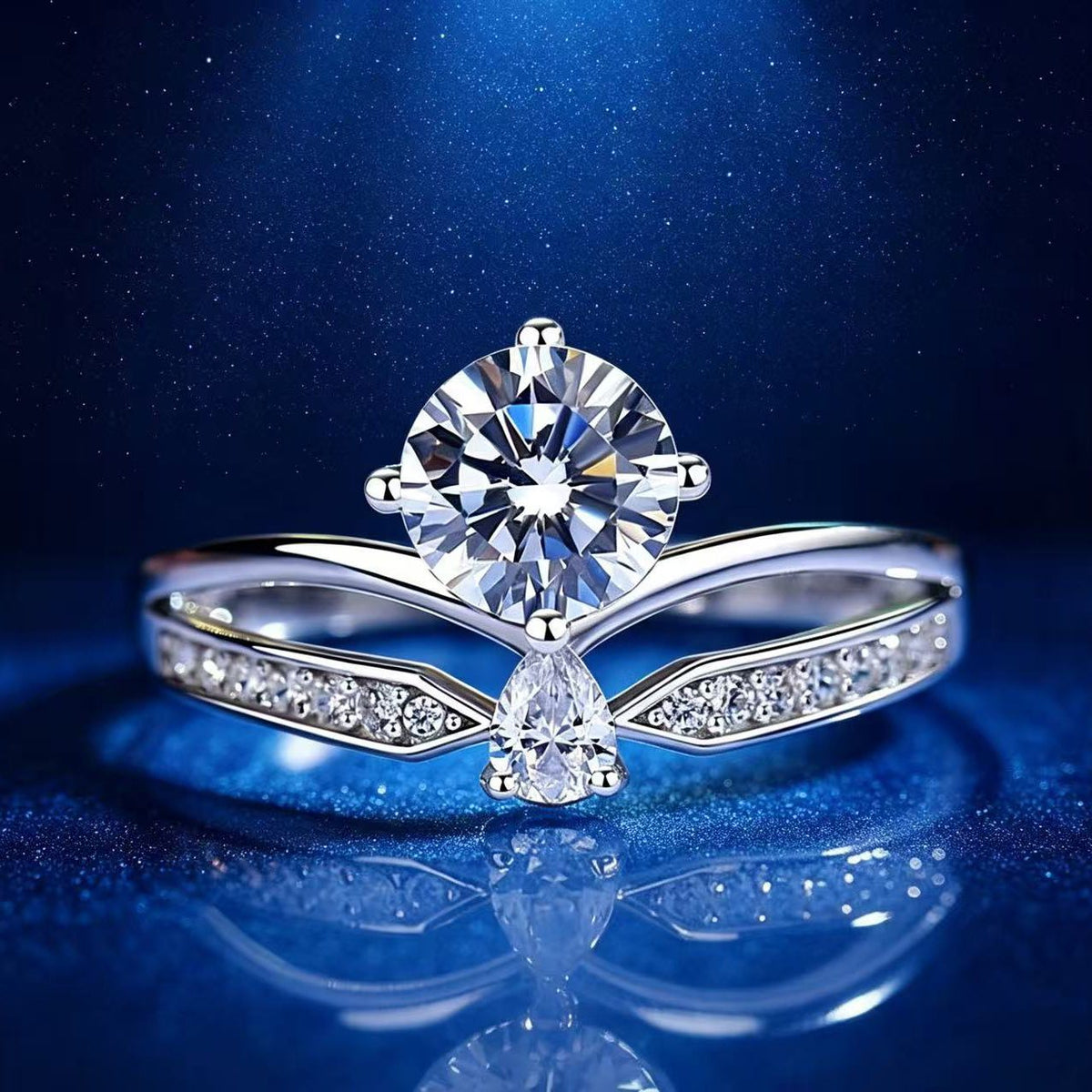 1ct Round Brilliant Two-Stone Bypass Ring, Pavé Band