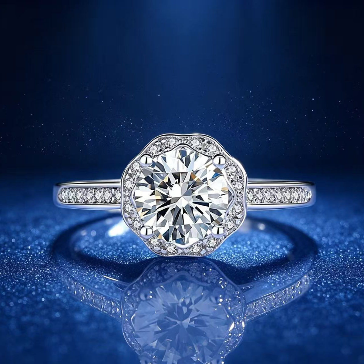 1ct Round Brilliant Hidden Halo Ring, Pavé Shoulders