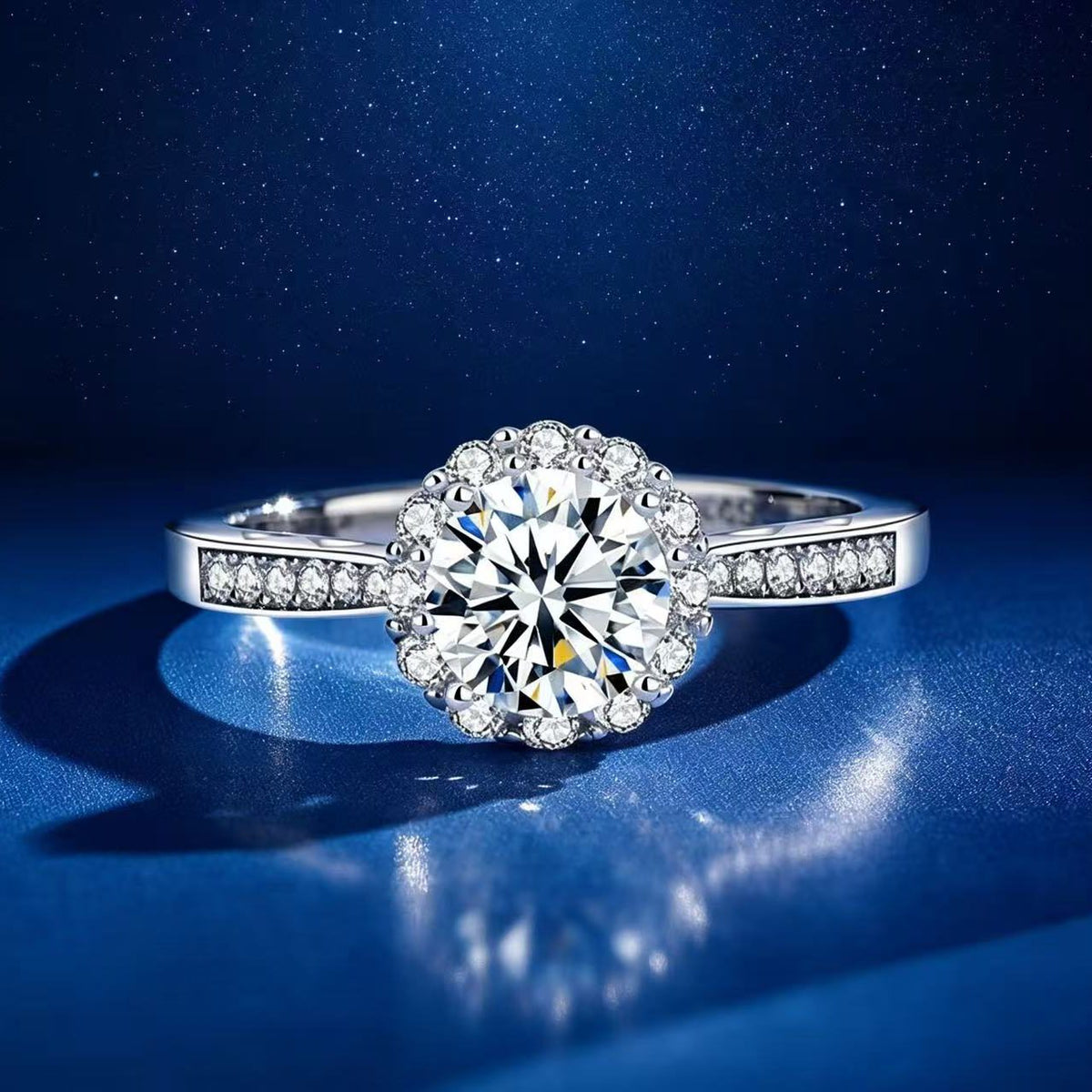 1ct Round Brilliant Floral Halo Ring, Pavé Shoulders