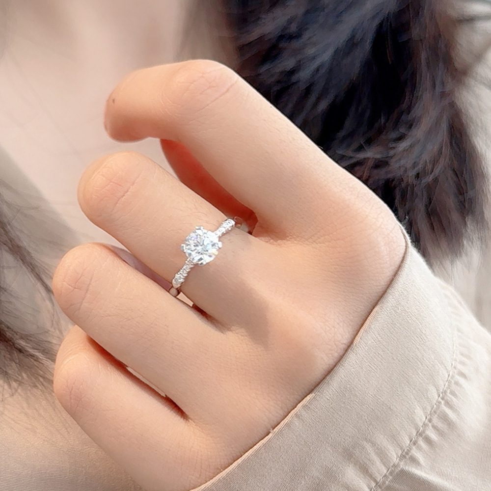 1ct Round Brilliant Solitaire Ring, Pavé Wave Shoulders
