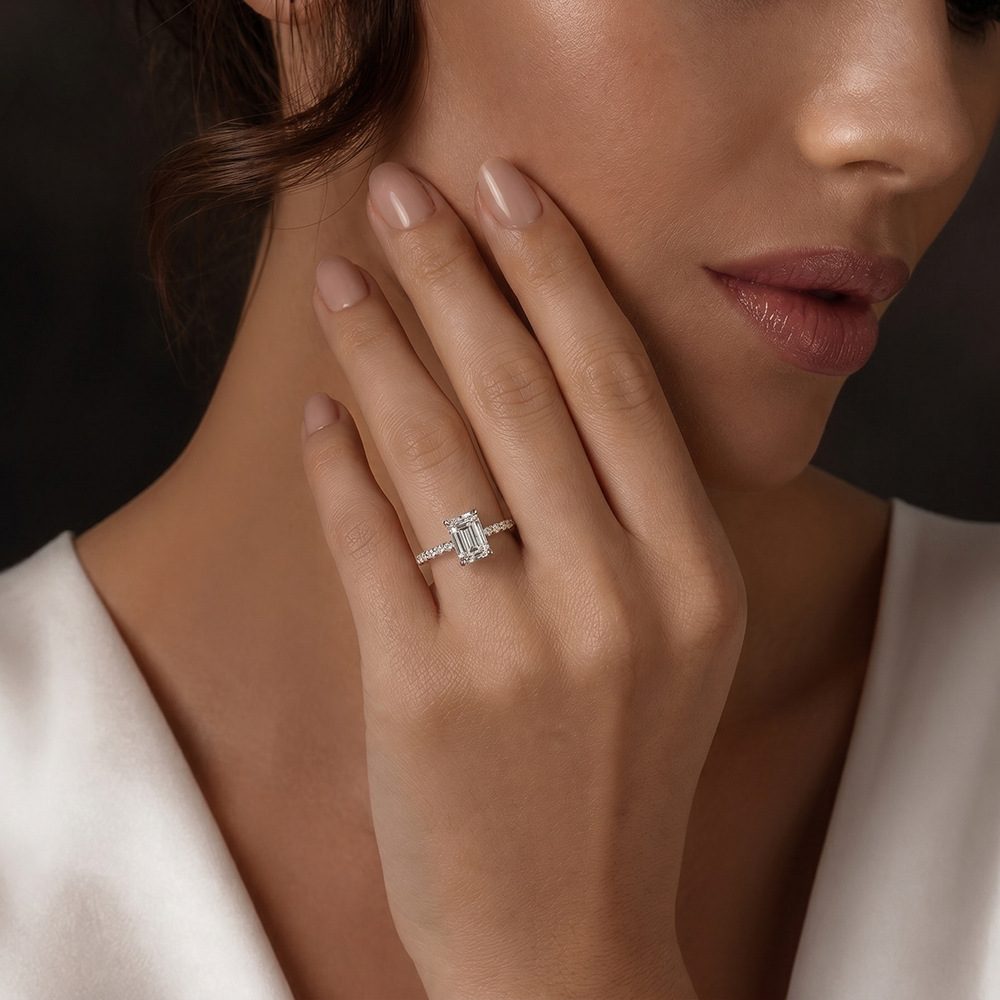 1.3ct Green Emerald Solitaire Ring, Pavé Band