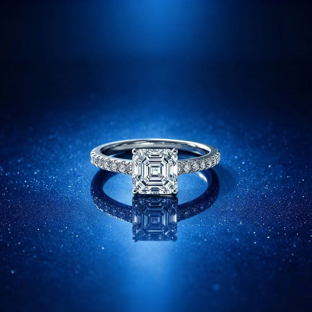 0.8ct Asscher Solitaire Ring, Pavé Band
