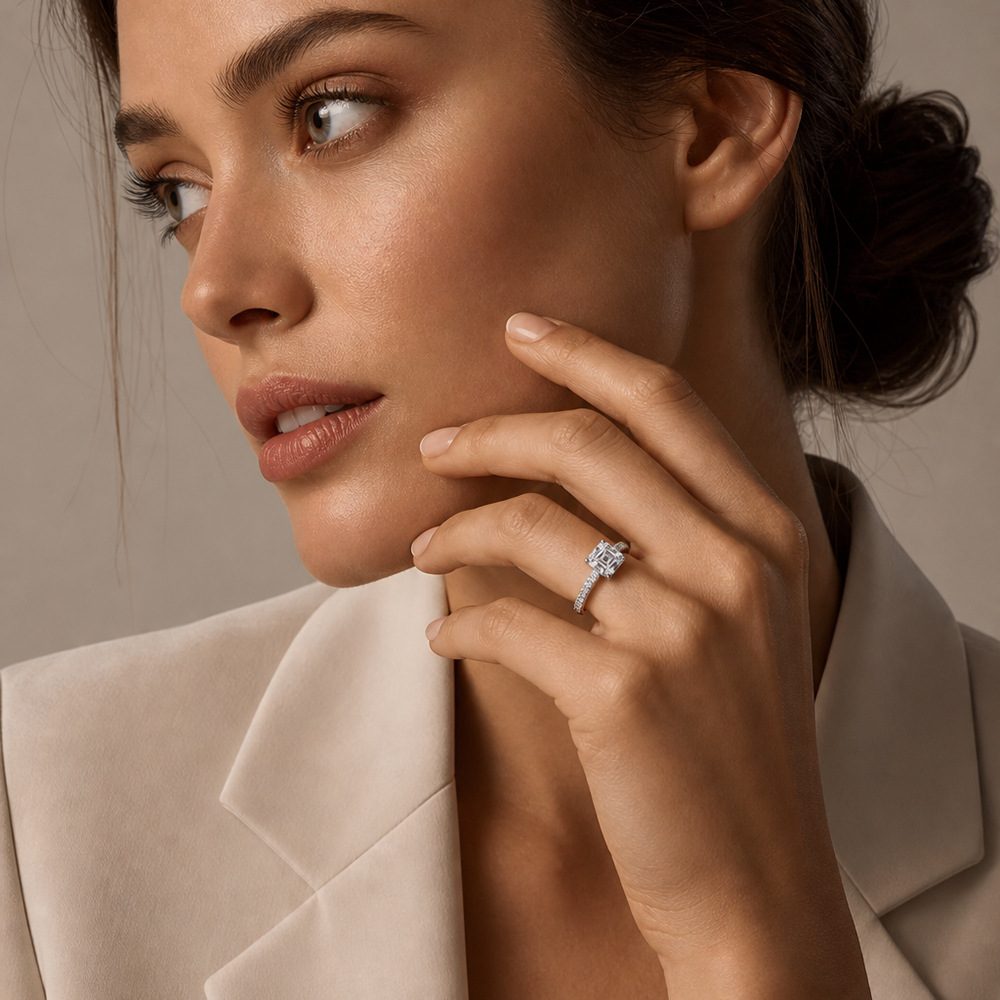 0.8ct Asscher Solitaire Ring, Pavé Band