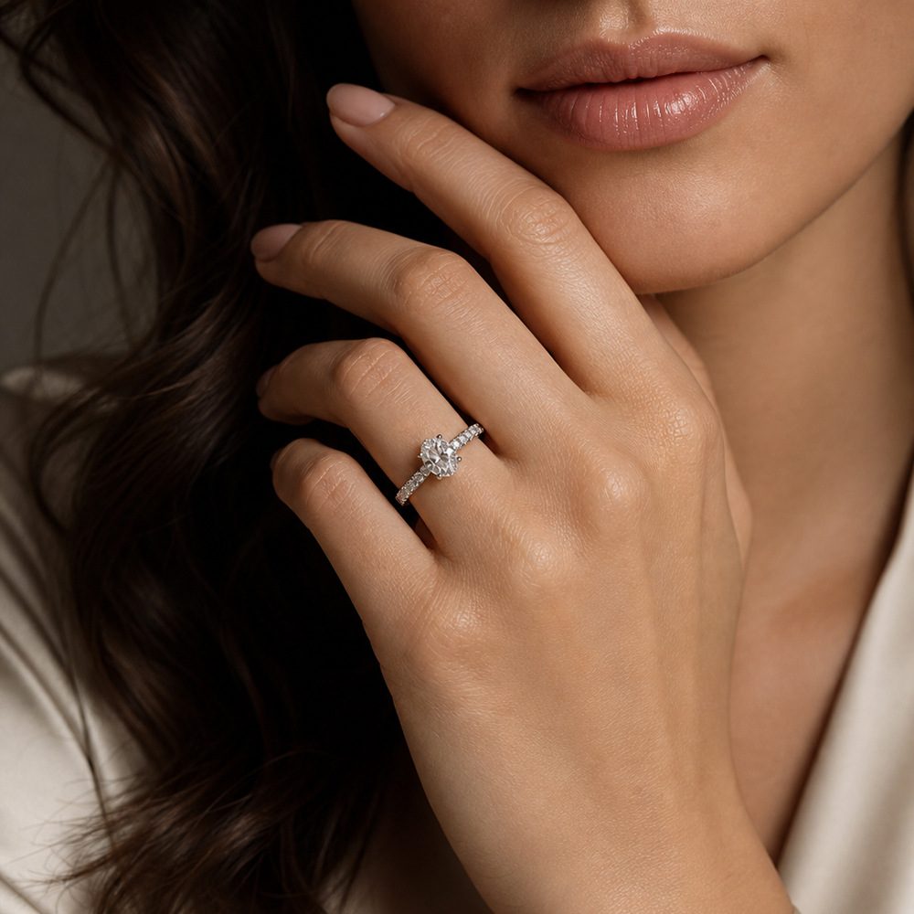 0.8ct Oval Solitaire Ring, Pavé Band