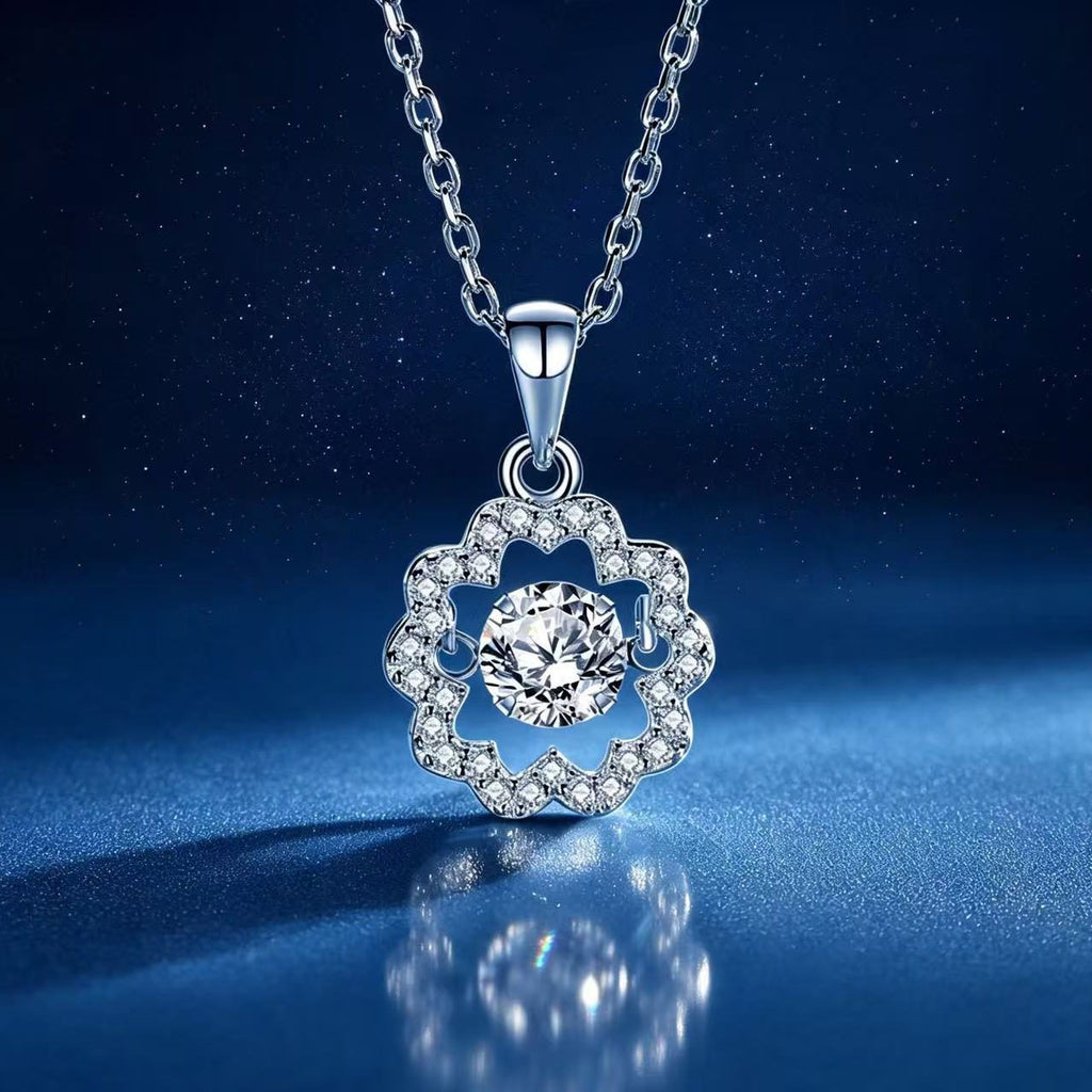 0.5ct Teal Round Brilliant Dancing Stone Floral Halo Pendant Necklace