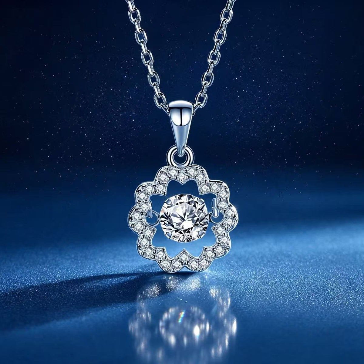 0.5ct Teal Round Brilliant Dancing Stone Floral Halo Pendant Necklace