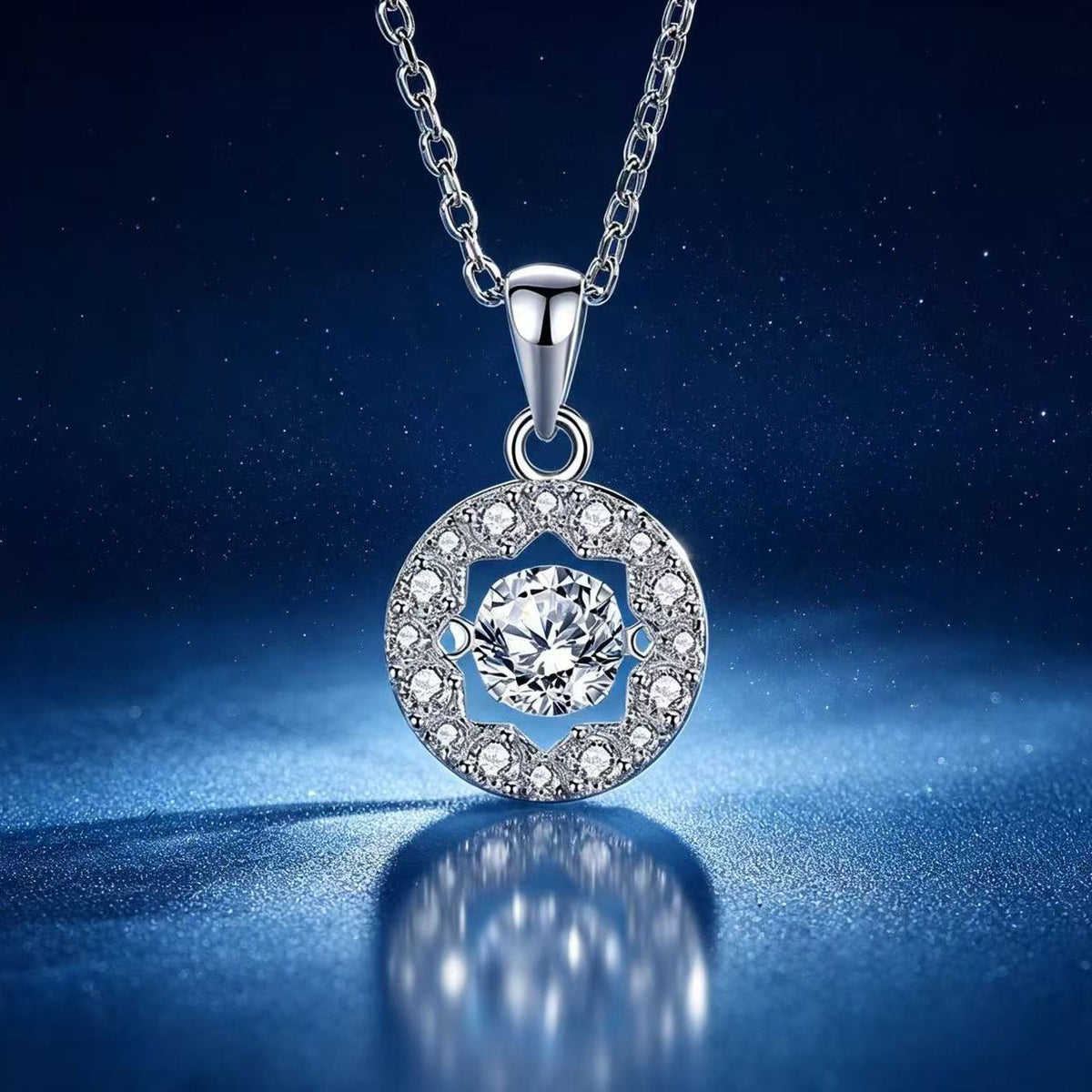 0.5ct Round Brilliant Dancing Stone Halo Pendant Necklace (16 accent stones)