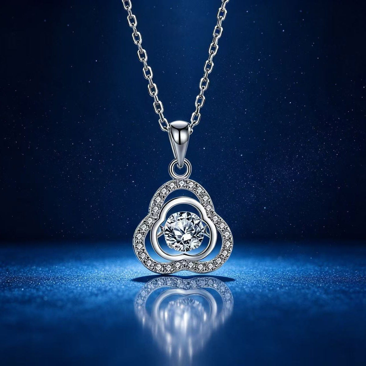 0.5ct Round Brilliant Dancing Stone Trefoil Halo Pendant Necklace