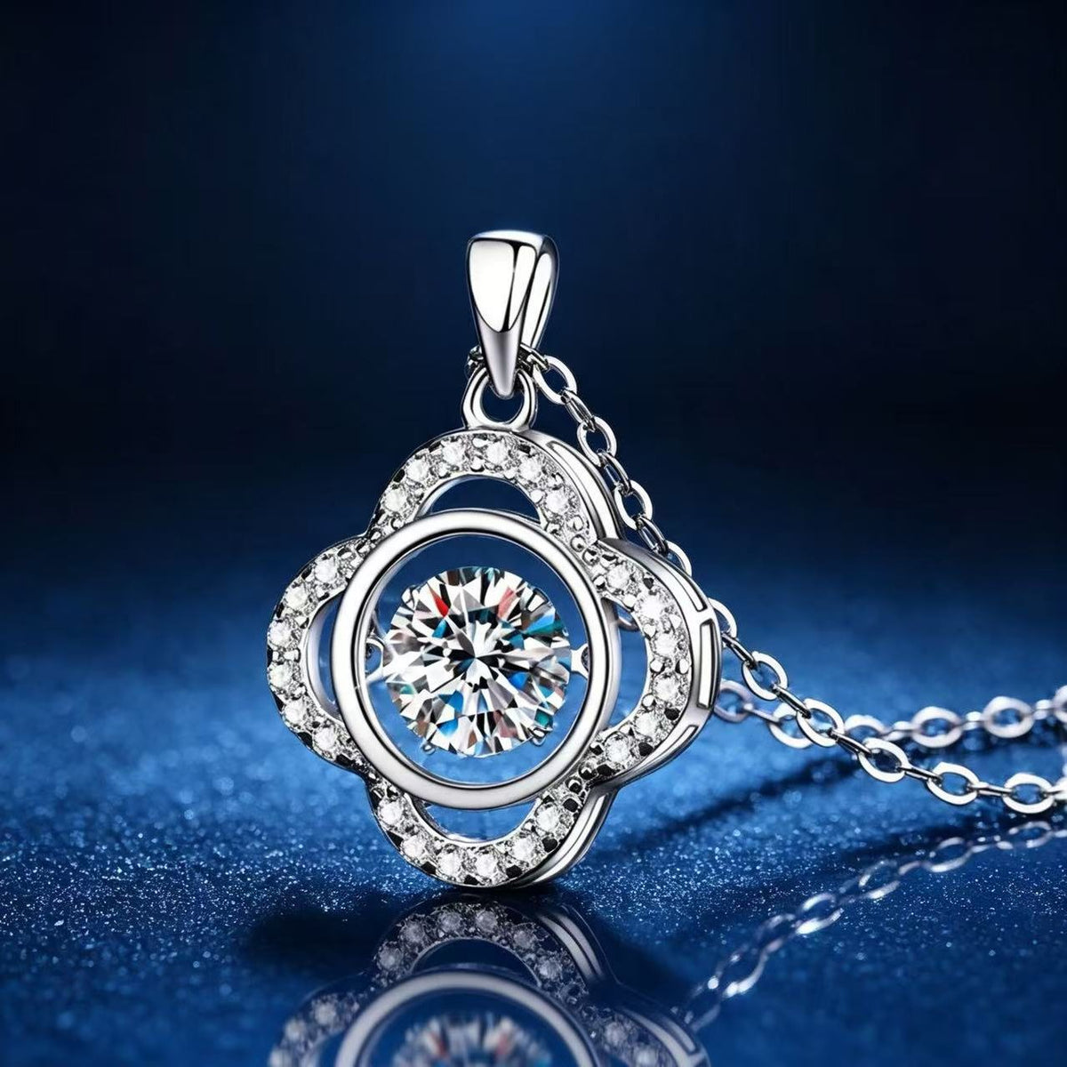 0.5ct Teal Round Brilliant Dancing Stone Clover Halo Pendant Necklace