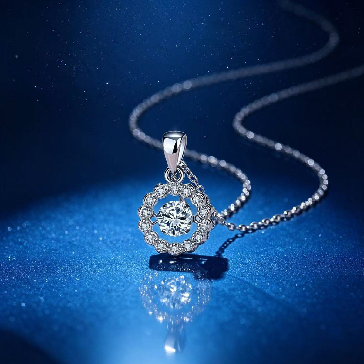 0.5ct Teal Round Brilliant Dancing Stone Swirl Pendant Necklace