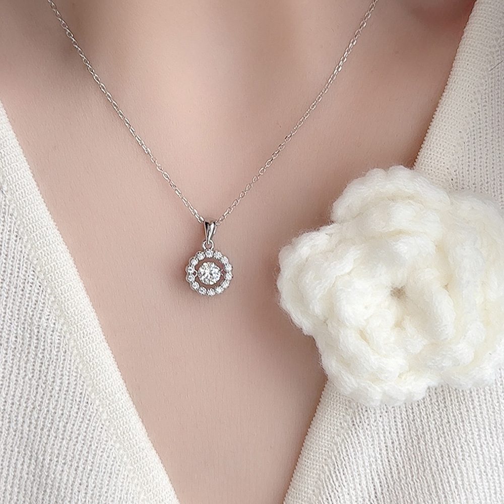 0.5ct Round Brilliant Dancing Stone Floral Halo Pendant Necklace