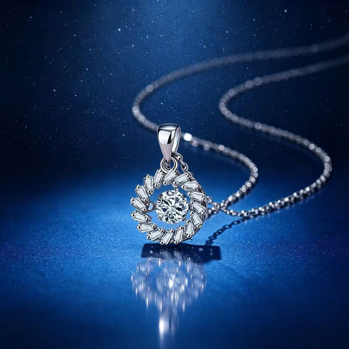 0.5ct Round Brilliant Dancing Stone Sunburst Pendant Necklace