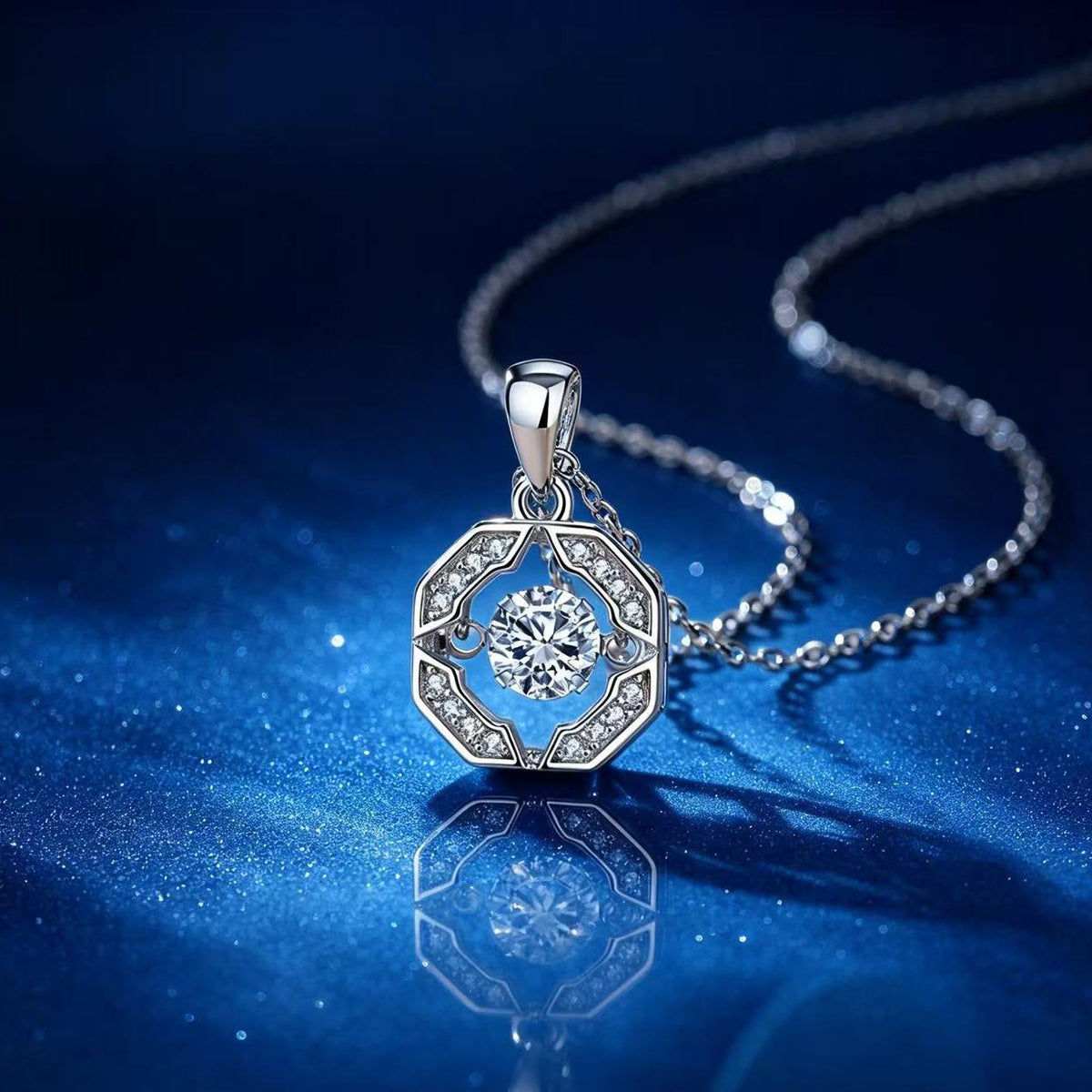 0.5ct Teal Round Brilliant Dancing Stone Octagon Halo Pendant Necklace