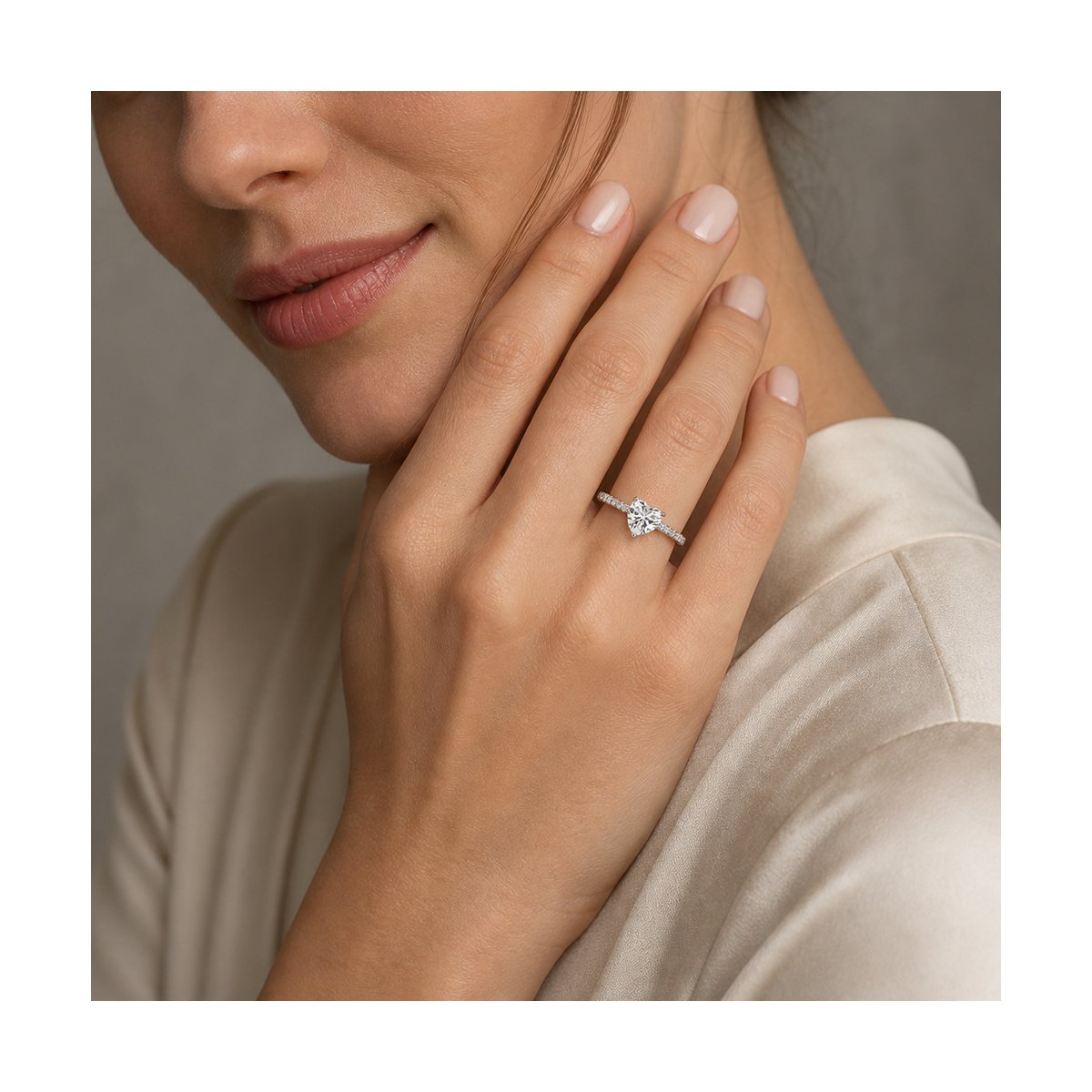 1ct Heart Solitaire Ring, Pavé Band